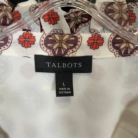 Talbots 2023 Ruffle Neck Blouse in Ditsy Medallion Metallic Sheer Sleeve Gold L - Picture 4 of 7